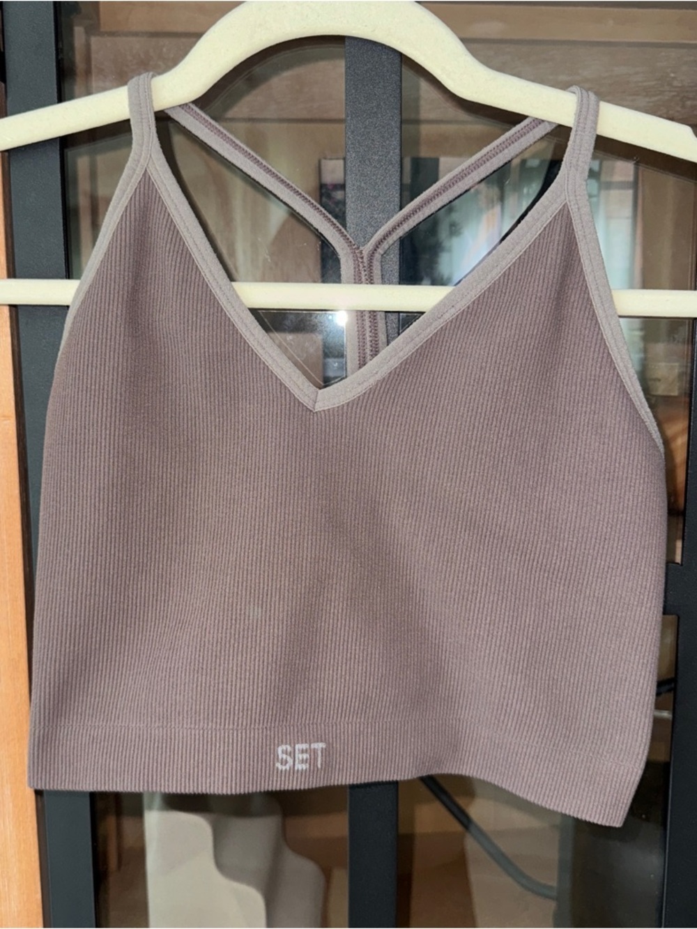 SET Active sports bra tank top Sculptflex Ribbed Pepper halter vneck taupe